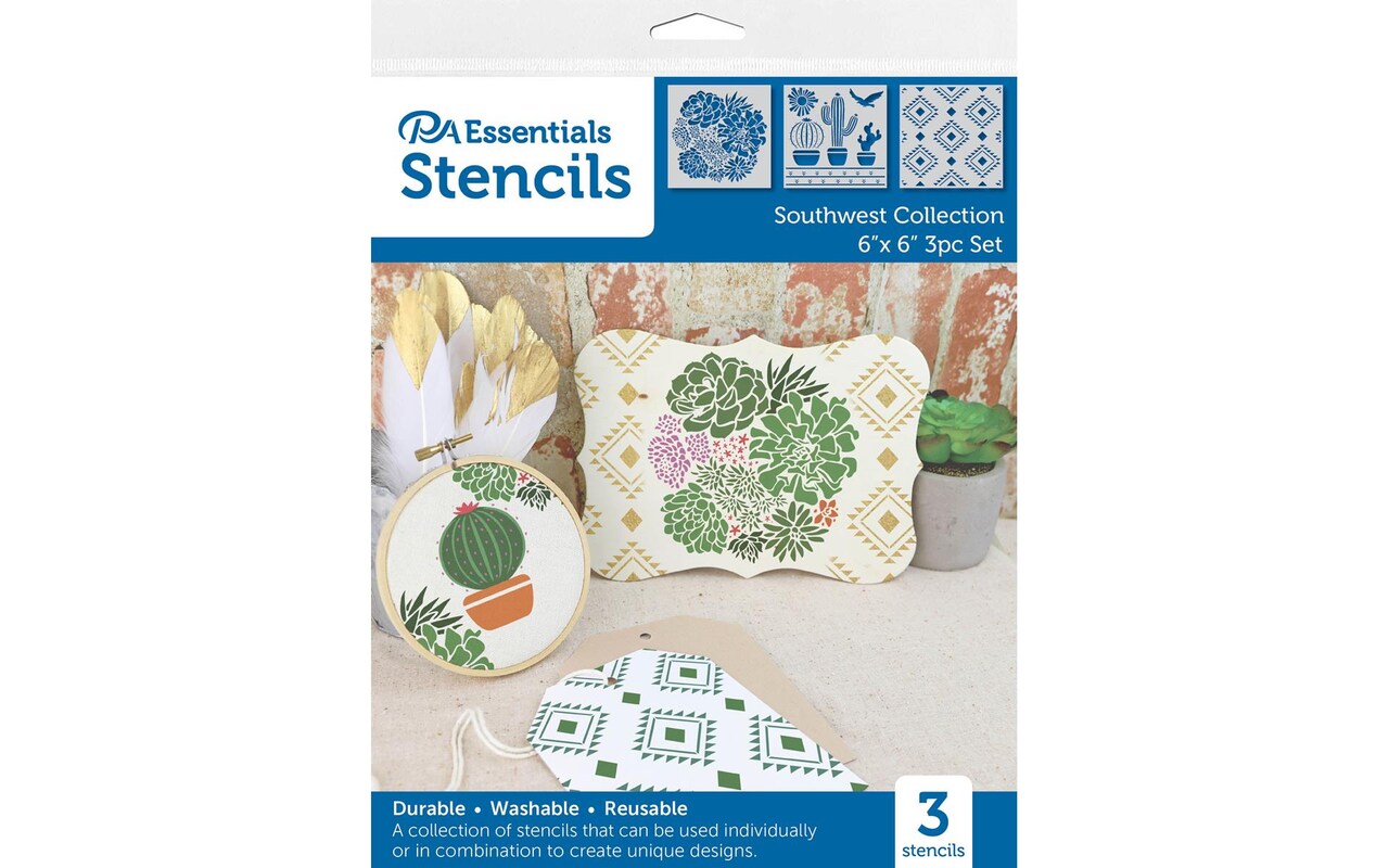 PA Essentials Stencil Southwest Collection, 3 piece, for Painting on Wood, Canvas, Paper, Fabric, Wall and Tile, Reusable DIY Art and Craft Stencils for Painting, 6&#x22;x6&#x22; Inches
